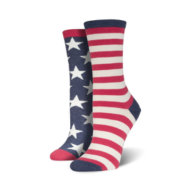 women's crew socks featuring red, white, and blue stars and stripes pattern.  