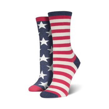 women's crew socks featuring red, white, and blue stars and stripes pattern.  