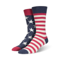 Pair of crew socks in red, white, and blue. One sock features white stars on a navy blue background, the other has red and white stripes.