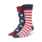 Pair of crew socks in red, white, and blue. One sock features white stars on a navy blue background, the other has red and white stripes.