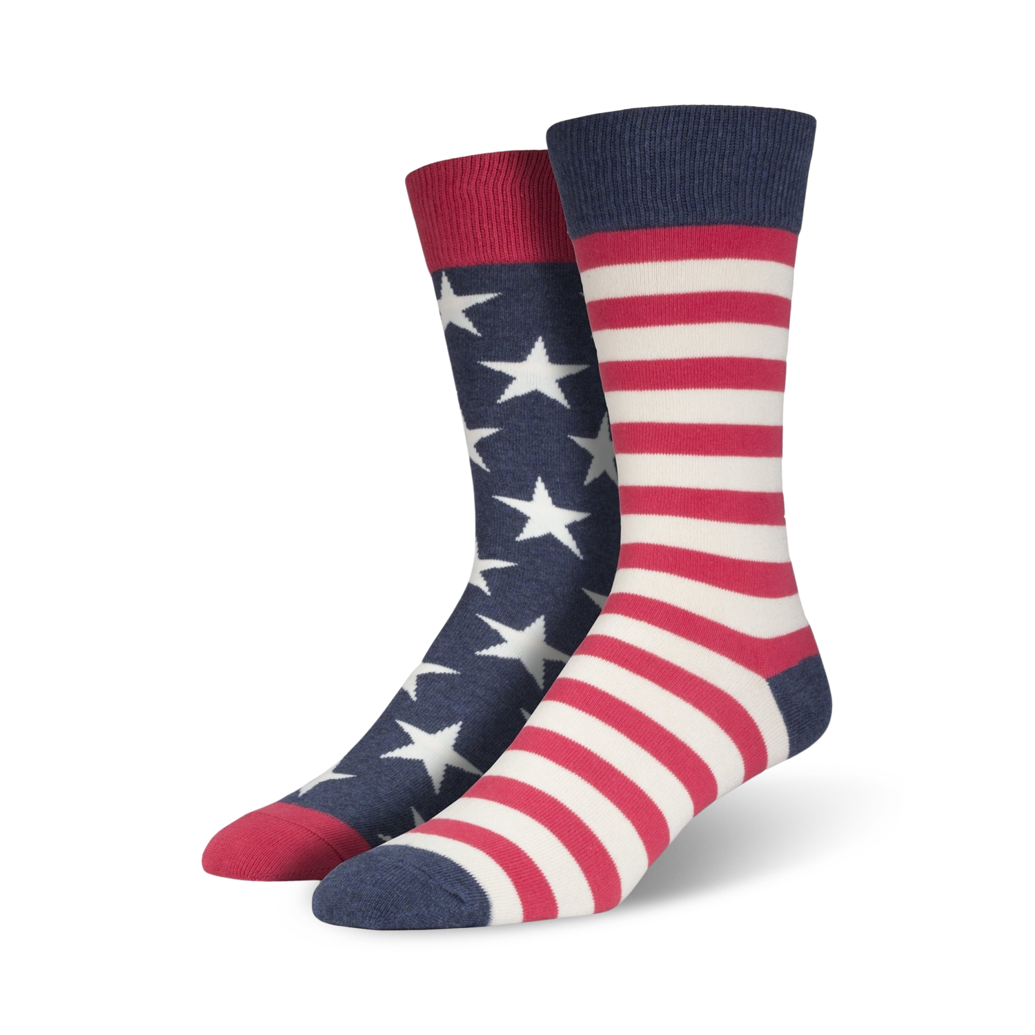Pair of crew socks in red, white, and blue. One sock features white stars on a navy blue background, the other has red and white stripes.