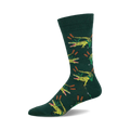 Crew socks in hunter green with a repeating pattern of yellow alligators emerging from green reeds.