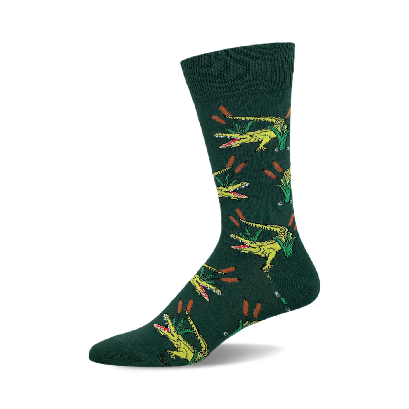Crew socks in hunter green with a repeating pattern of yellow alligators emerging from green reeds.