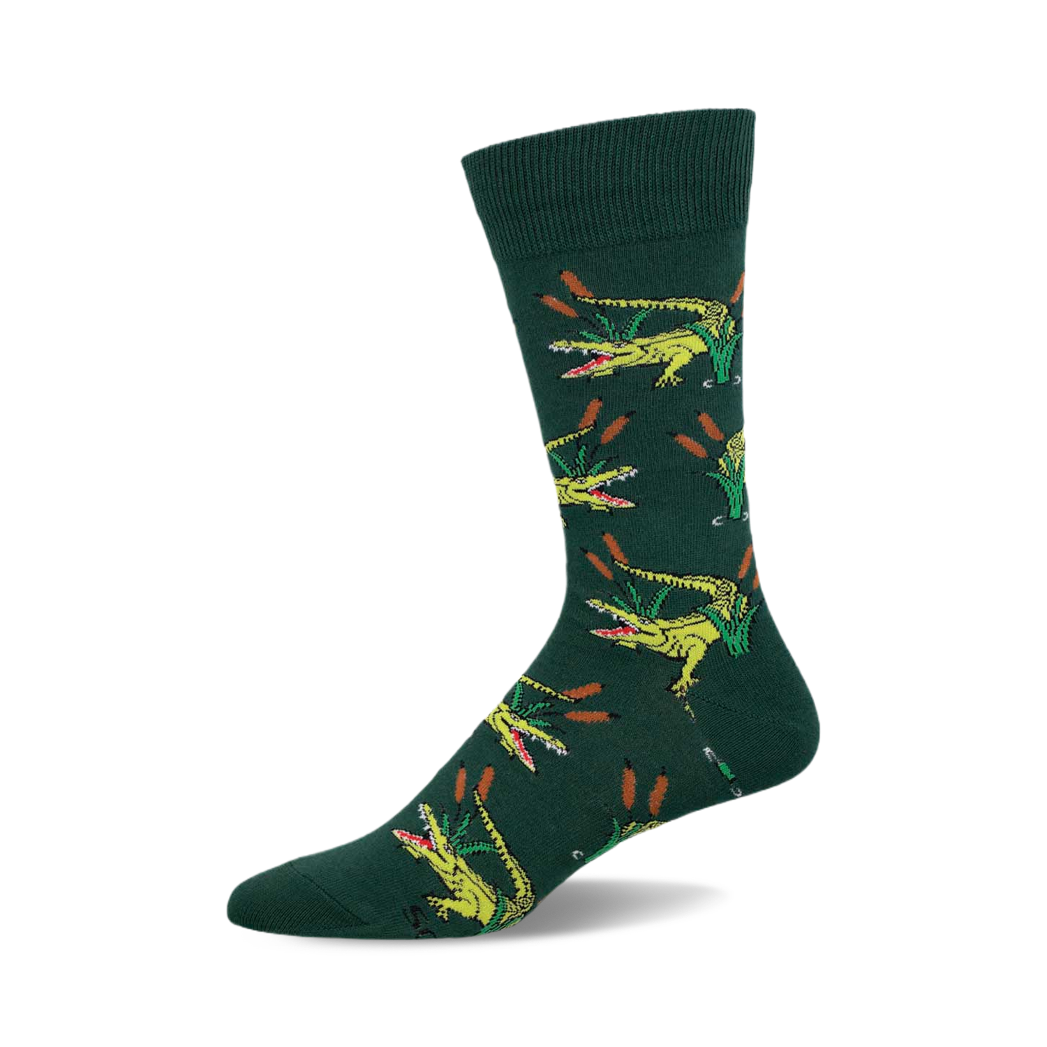 Crew socks in hunter green with a repeating pattern of yellow alligators emerging from green reeds.