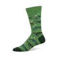 Green crew sock showing a woodland pattern of blue and black spotted salamanders, white mushrooms, and light green ferns.