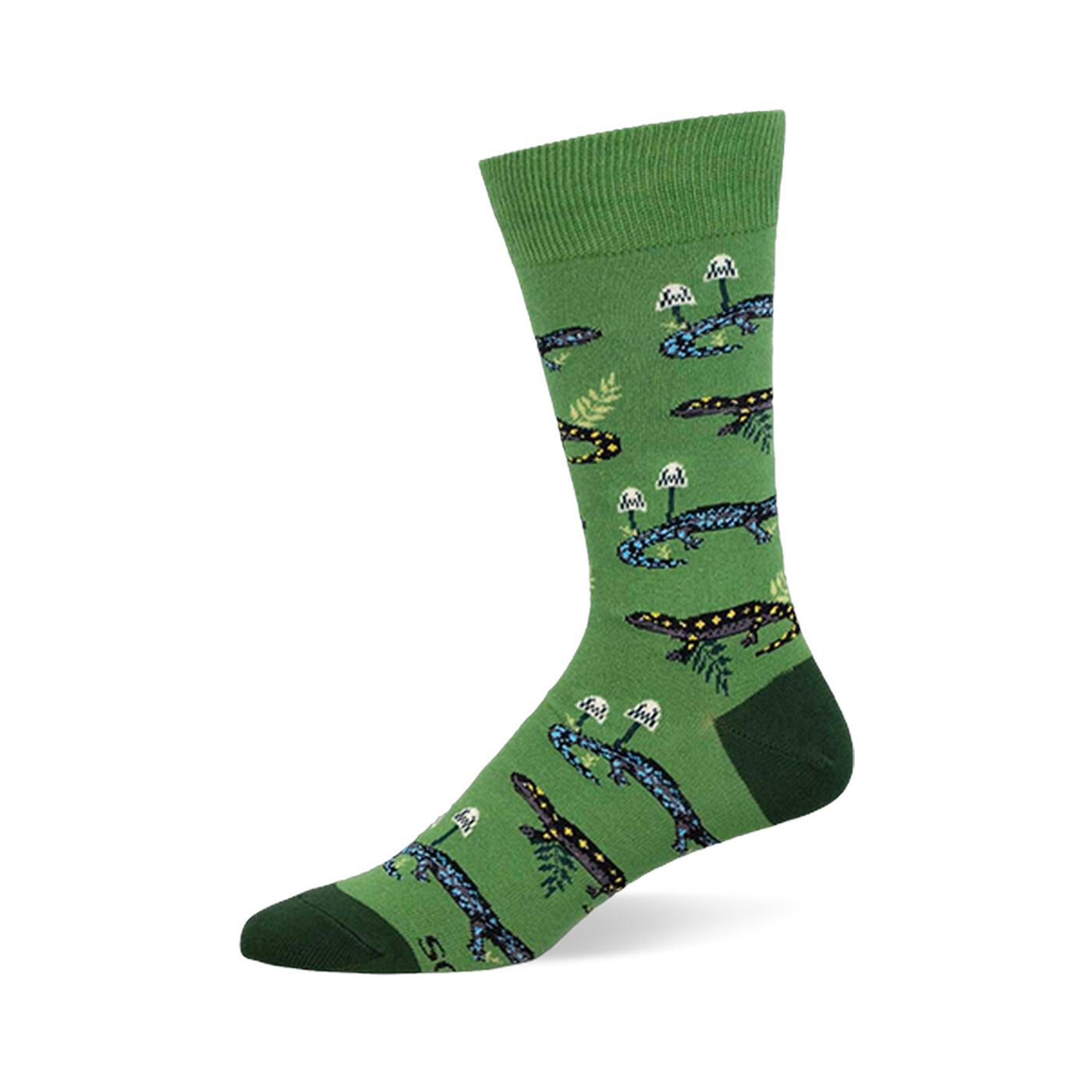 Green crew sock showing a woodland pattern of blue and black spotted salamanders, white mushrooms, and light green ferns.