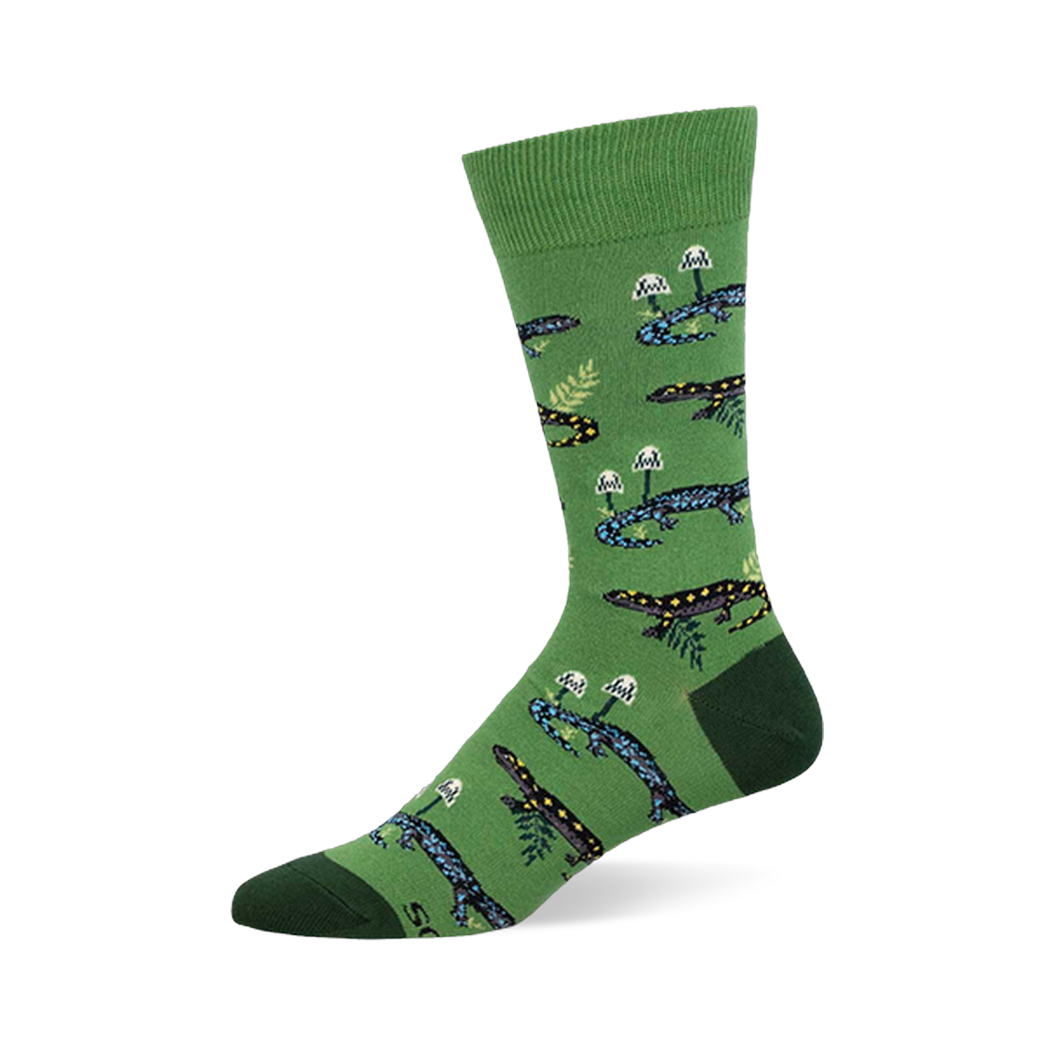 Green crew sock showing a woodland pattern of blue and black spotted salamanders, white mushrooms, and light green ferns.