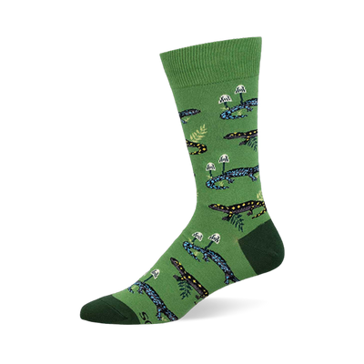 Green crew sock showing a woodland pattern of blue and black spotted salamanders, white mushrooms, and light green ferns.