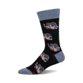 Crew socks with a black background and a repeating pattern of gray and red piranhas. The cuffs are a dusty blue color.