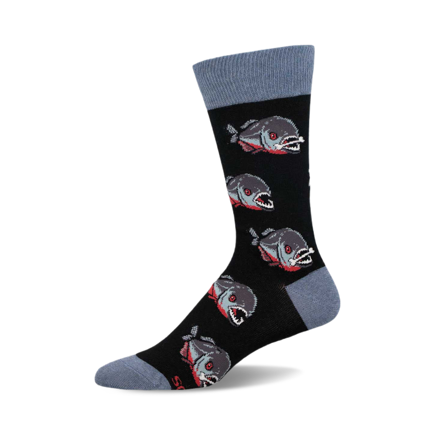 Crew socks with a black background and a repeating pattern of gray and red piranhas. The cuffs are a dusty blue color.