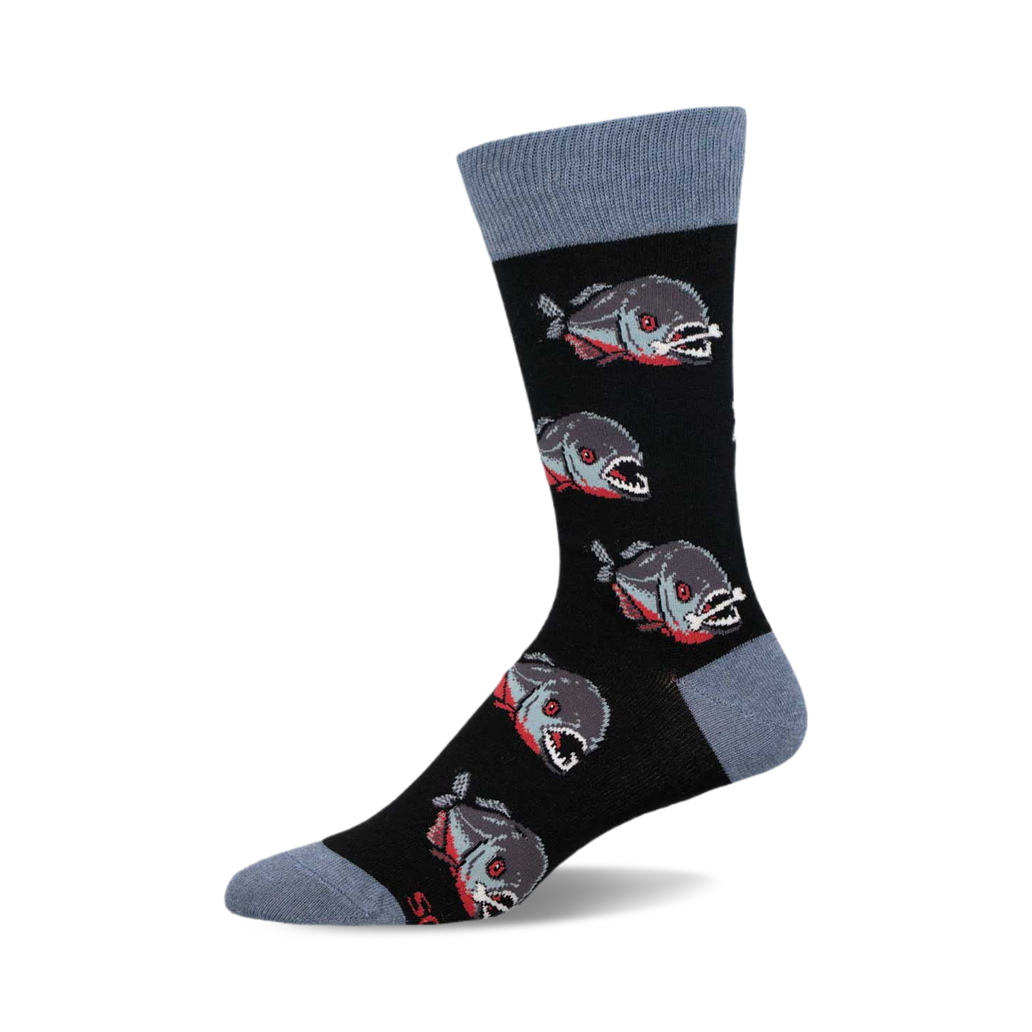 Crew socks with a black background and a repeating pattern of gray and red piranhas. The cuffs are a dusty blue color.