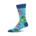 Crew socks in blue with whimsical cartoon dragons smoking pipes. Pink, green, and yellow dragons are featured on a light blue background.