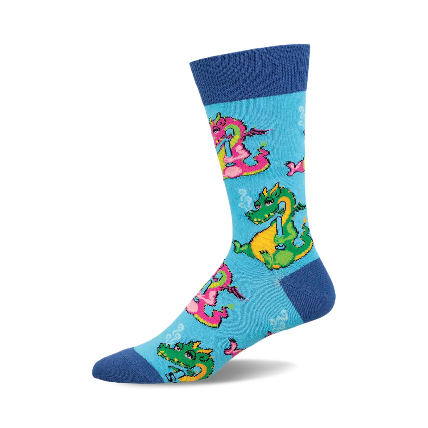 Crew socks in blue with whimsical cartoon dragons smoking pipes. Pink, green, and yellow dragons are featured on a light blue background.