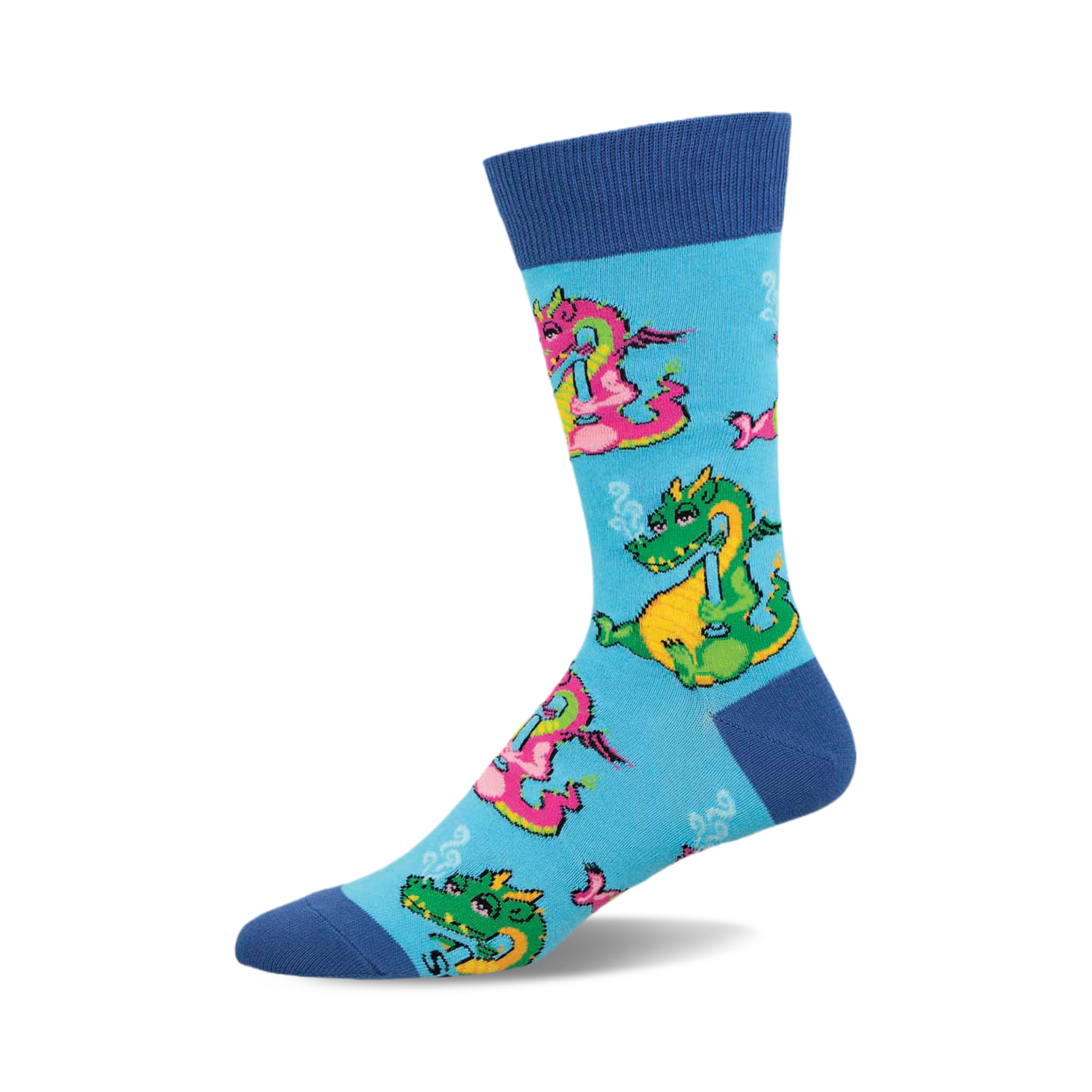 Crew socks in blue with whimsical cartoon dragons smoking pipes. Pink, green, and yellow dragons are featured on a light blue background.