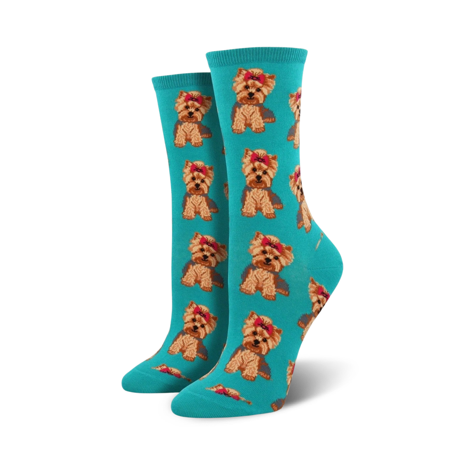 Pair of teal crew socks with repeating pattern of brown and tan Yorkshire Terriers wearing pink bows.