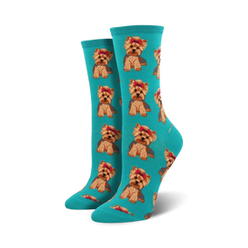blue crew socks with allover cartoon pattern of yorkshire terriers wearing pink bows for women. 