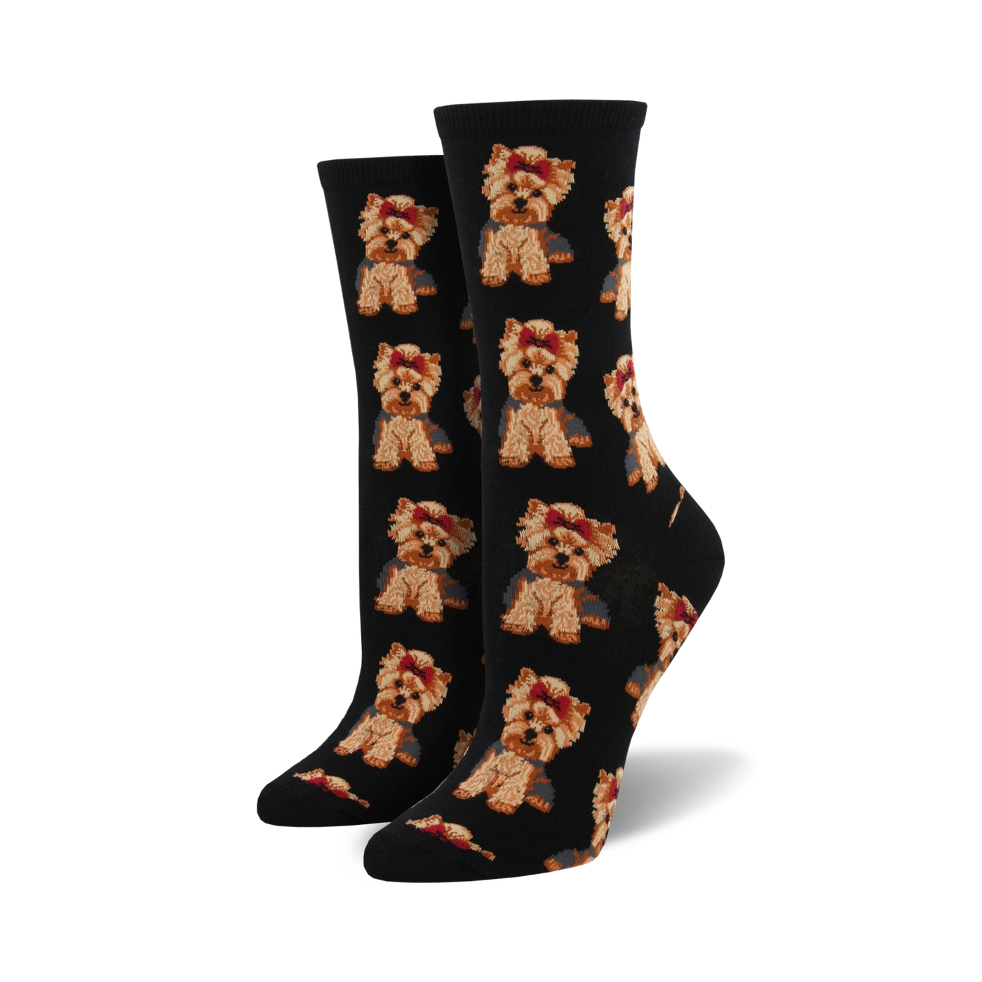 A close-up showcasing the detail of the Yorkshire Terrier print on black crew socks.