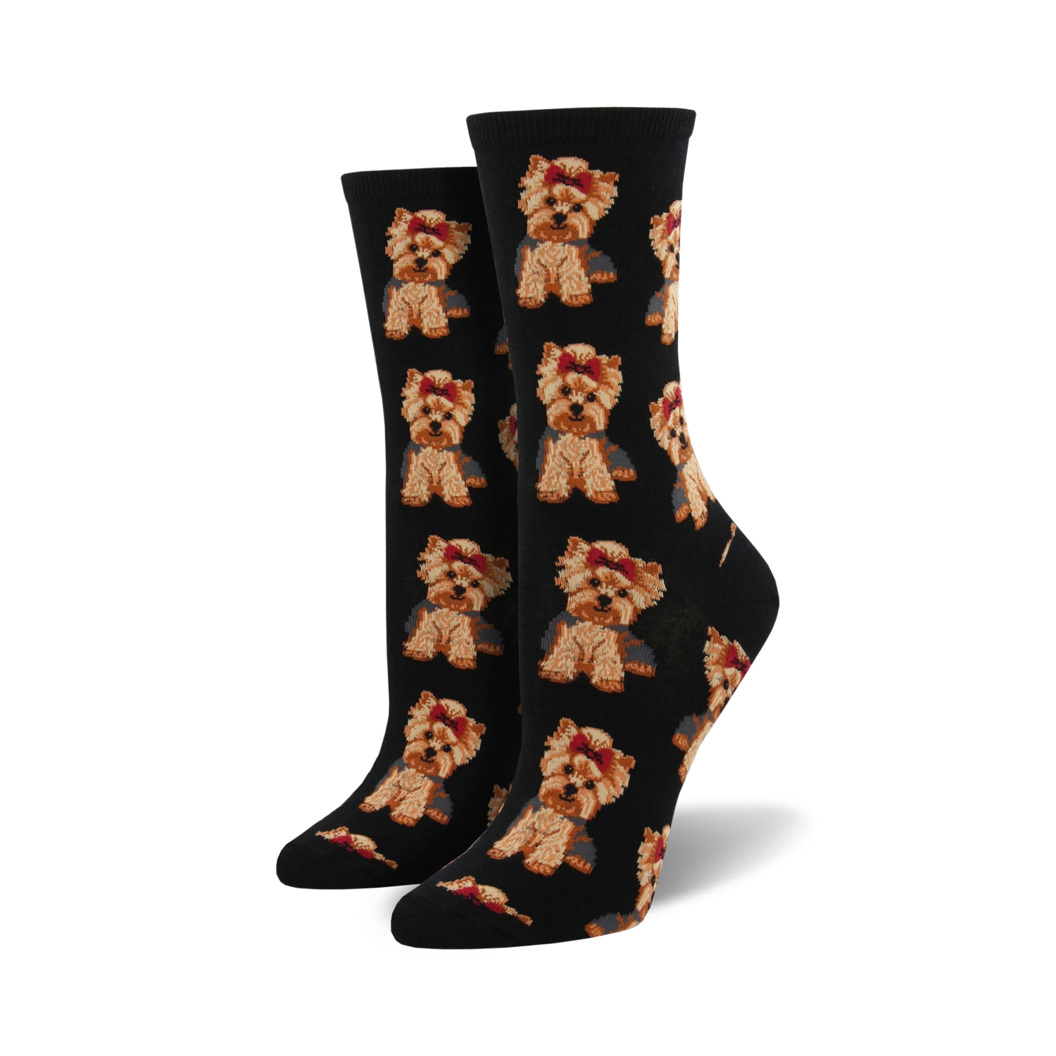 A close-up showcasing the detail of the Yorkshire Terrier print on black crew socks.