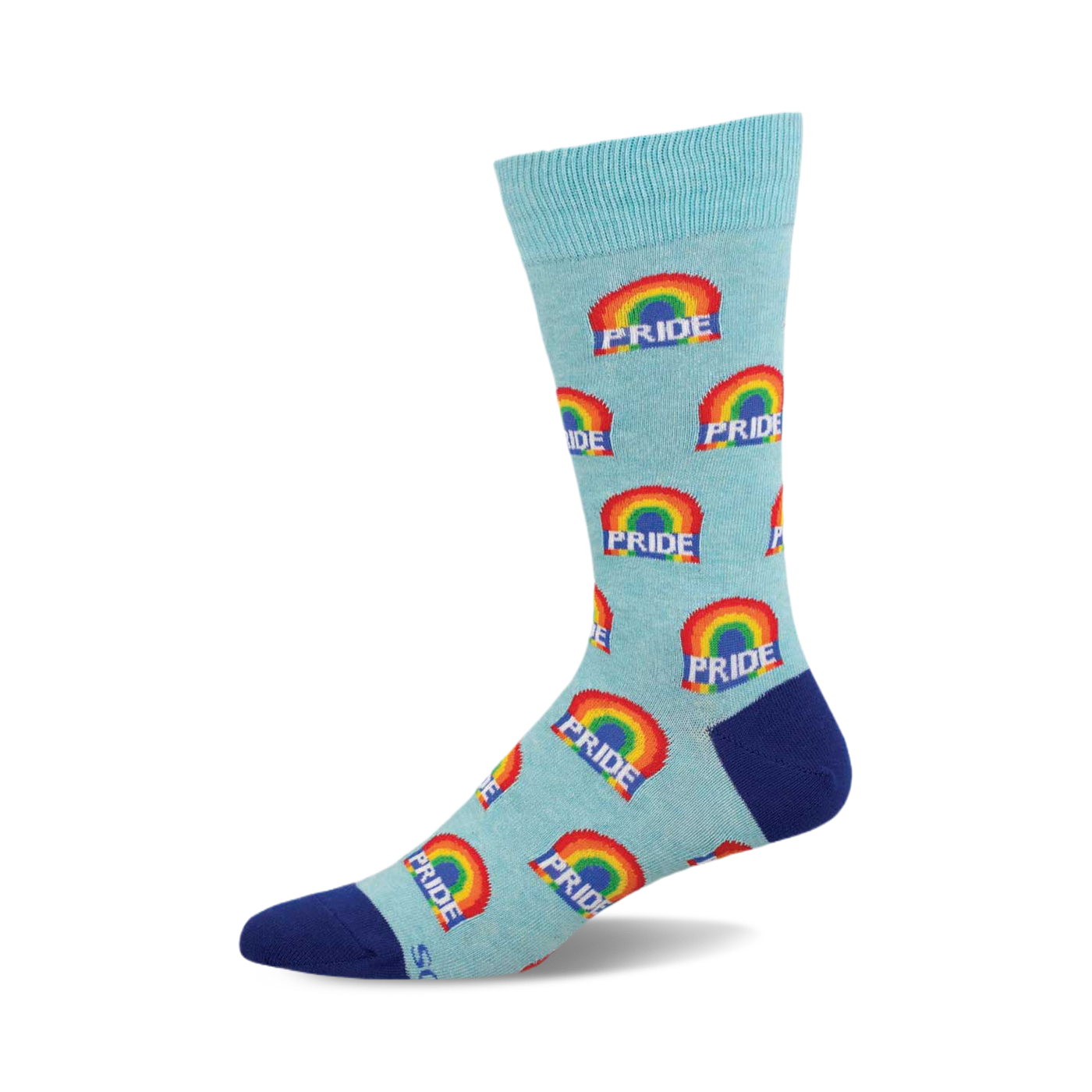 Crew socks in pastel blue with repeating rainbow designs and 'PRIDE' text. The socks have a navy blue cuff.