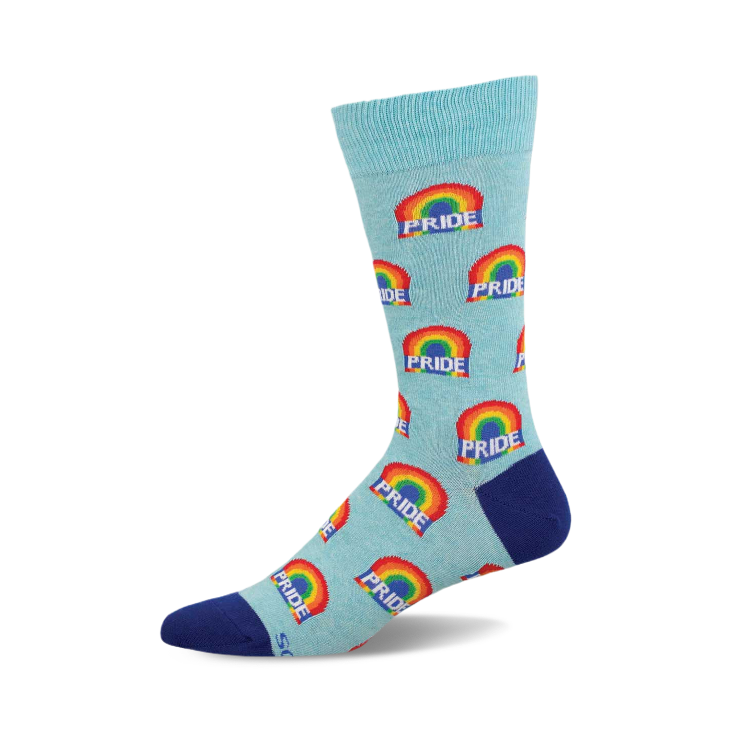 Crew socks in pastel blue with repeating rainbow designs and 'PRIDE' text. The socks have a navy blue cuff.