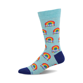 a blue sock with rainbows and the word "pride" repeated on the sock.