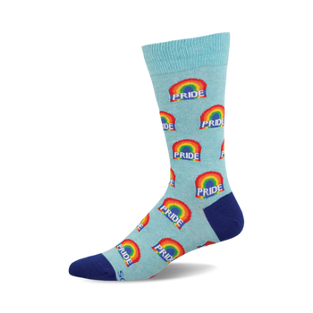 a blue sock with rainbows and the word "pride" repeated on the sock.