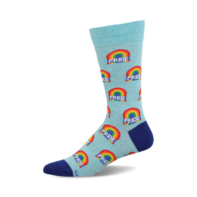 a blue sock with rainbows and the word "pride" repeated on the sock.