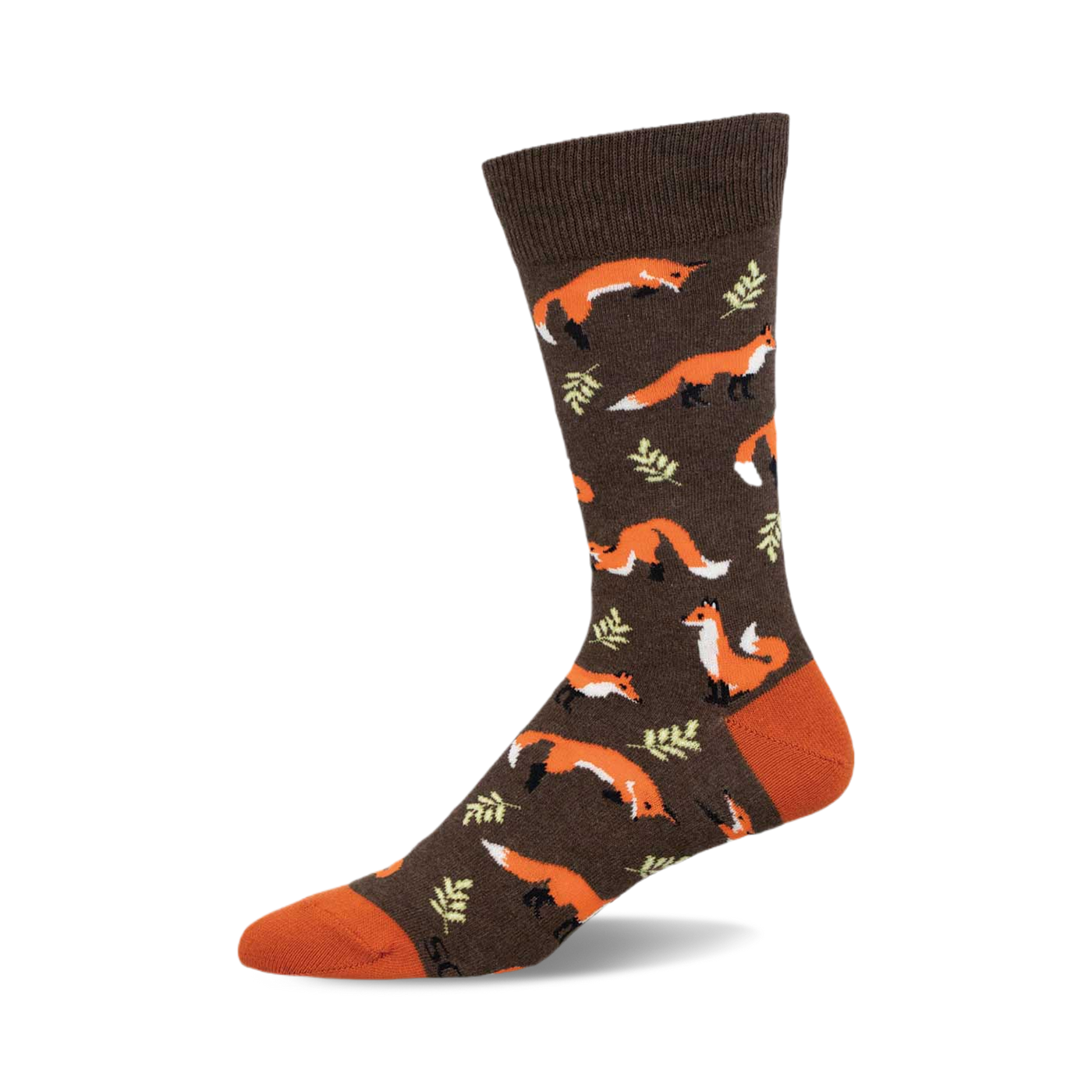 Brown crew socks with orange foxes and green leaves.  A fun, whimsical design perfect for adding a touch of personality to your outfit.
