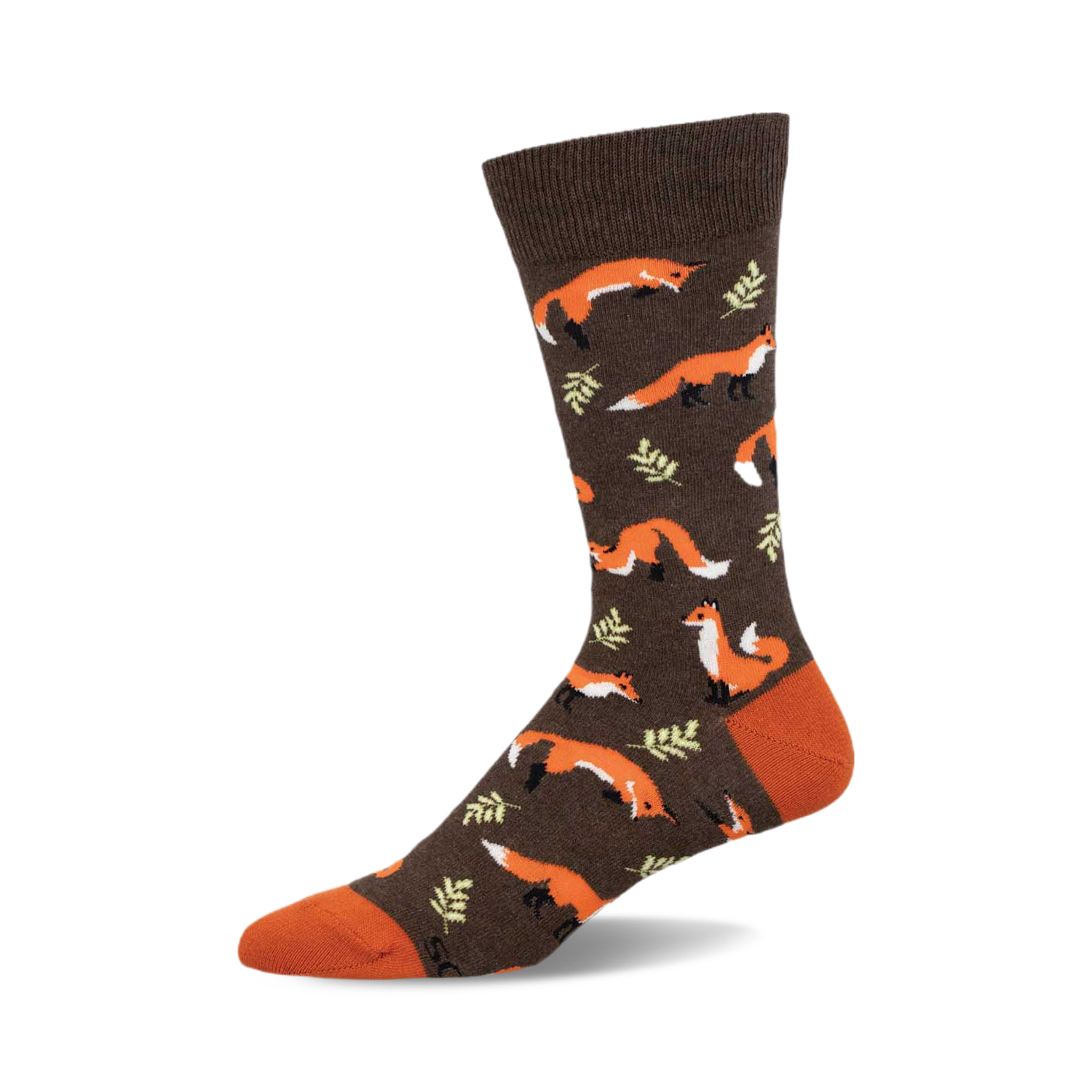 Brown crew socks with orange foxes and green leaves.  A fun, whimsical design perfect for adding a touch of personality to your outfit.