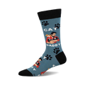 Crew socks in teal blue with a graphic of a man holding cats, the words 'Cat Daddy', and paw prints. Black cuff.