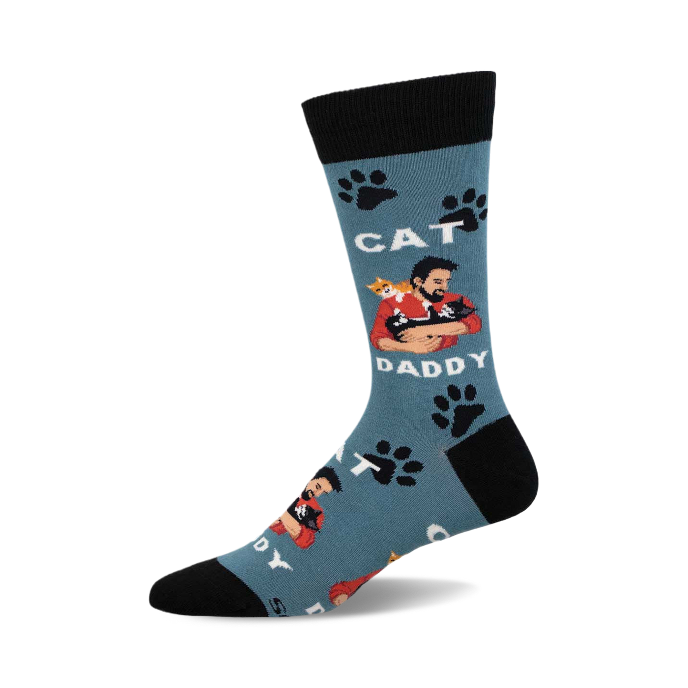Crew socks in teal blue with a graphic of a man holding cats, the words 'Cat Daddy', and paw prints. Black cuff.