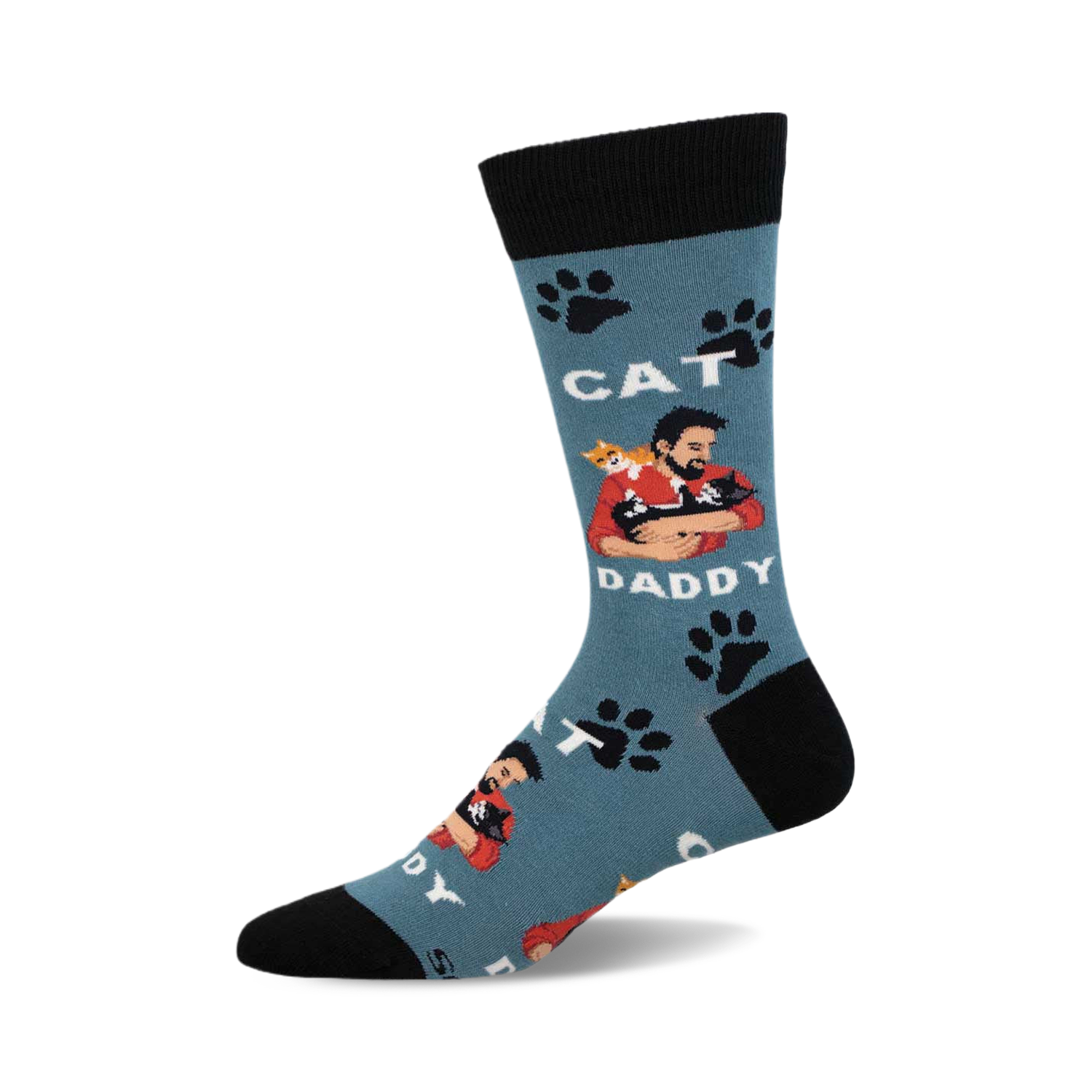 Crew socks in teal blue with a graphic of a man holding cats, the words 'Cat Daddy', and paw prints. Black cuff.