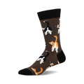 Brown crew socks featuring a repeating pattern of illustrated cats' backsides in orange tabby and tuxedo colors.