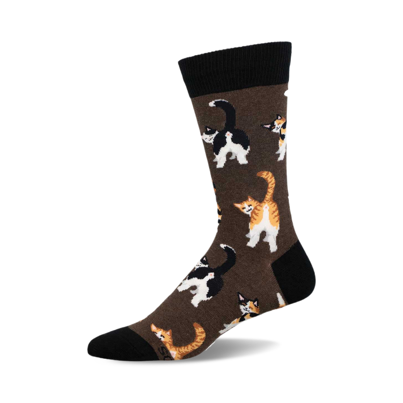 Brown crew socks featuring a repeating pattern of illustrated cats' backsides in orange tabby and tuxedo colors.
