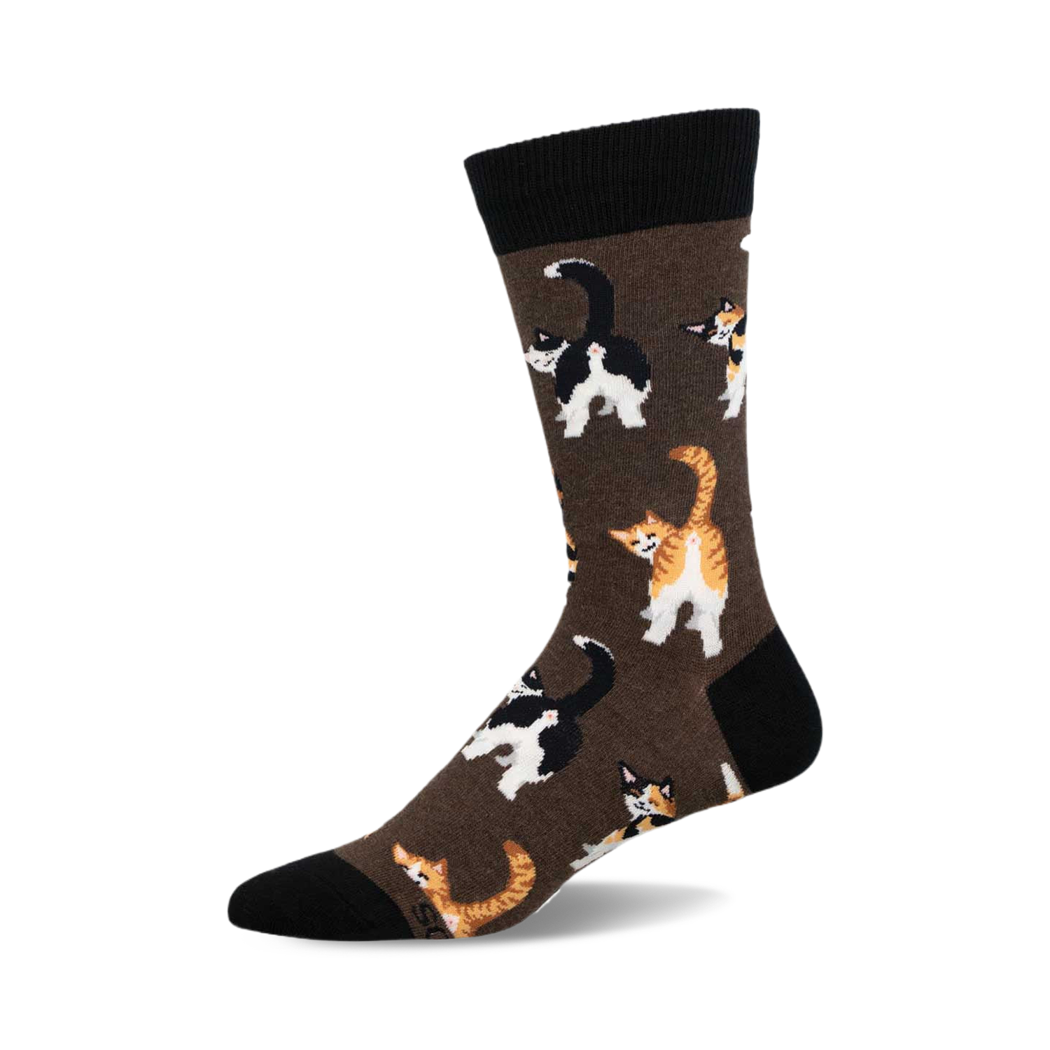 Brown crew socks featuring a repeating pattern of illustrated cats' backsides in orange tabby and tuxedo colors.