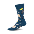 A teal crew sock with a fun pattern of oysters, lemon slices, forks, and knives.  Perfect for seafood lovers!
