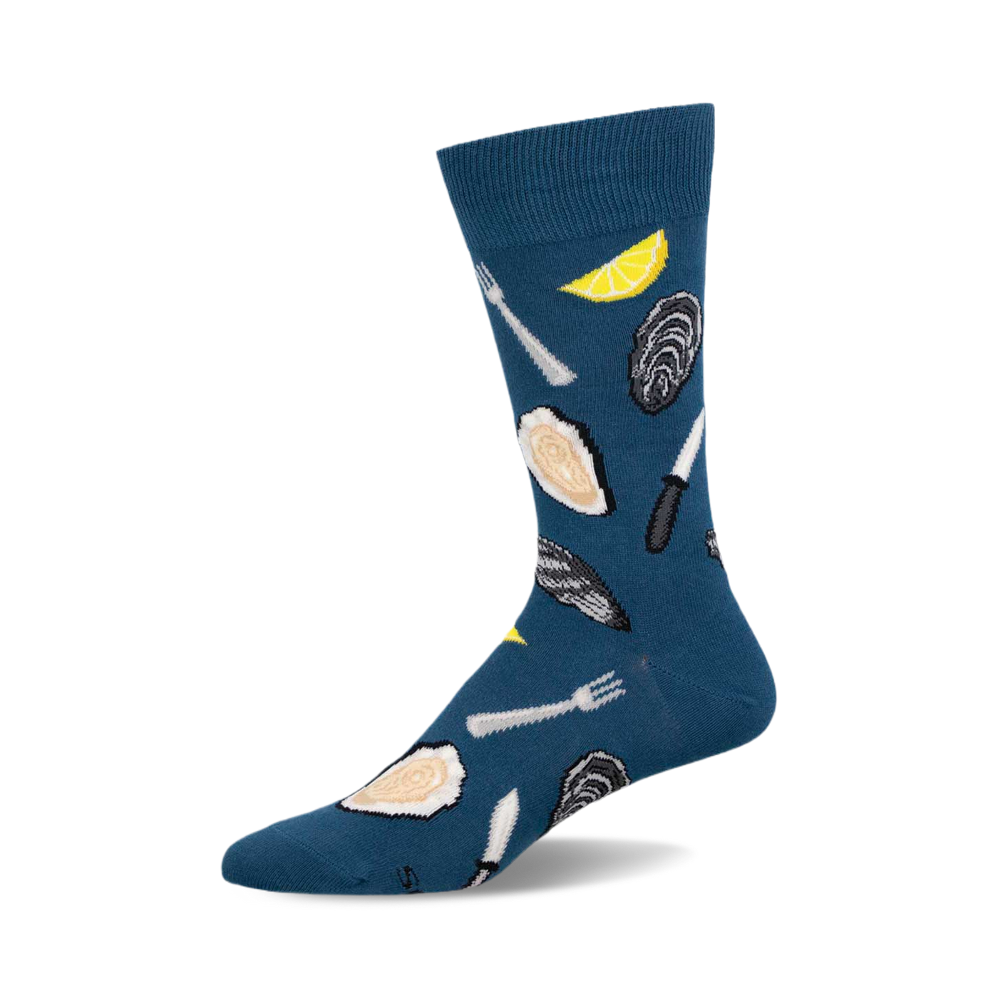 A teal crew sock with a fun pattern of oysters, lemon slices, forks, and knives.  Perfect for seafood lovers!