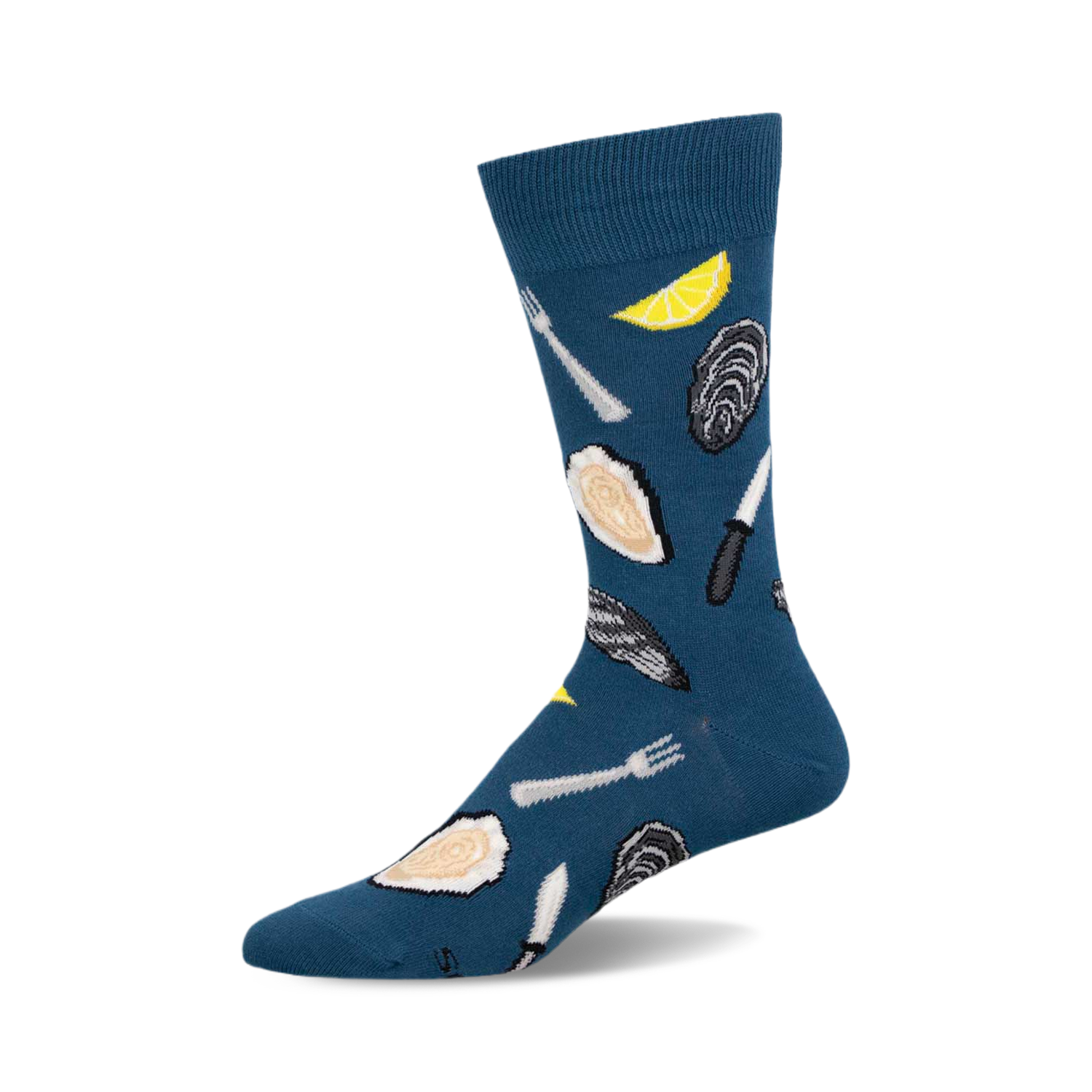 A teal crew sock with a fun pattern of oysters, lemon slices, forks, and knives.  Perfect for seafood lovers!