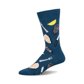 a blue sock with a pattern of oysters, lemon wedges, forks, and knives.