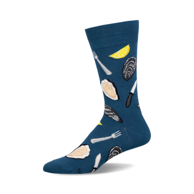 a blue sock with a pattern of oysters, lemon wedges, forks, and knives.