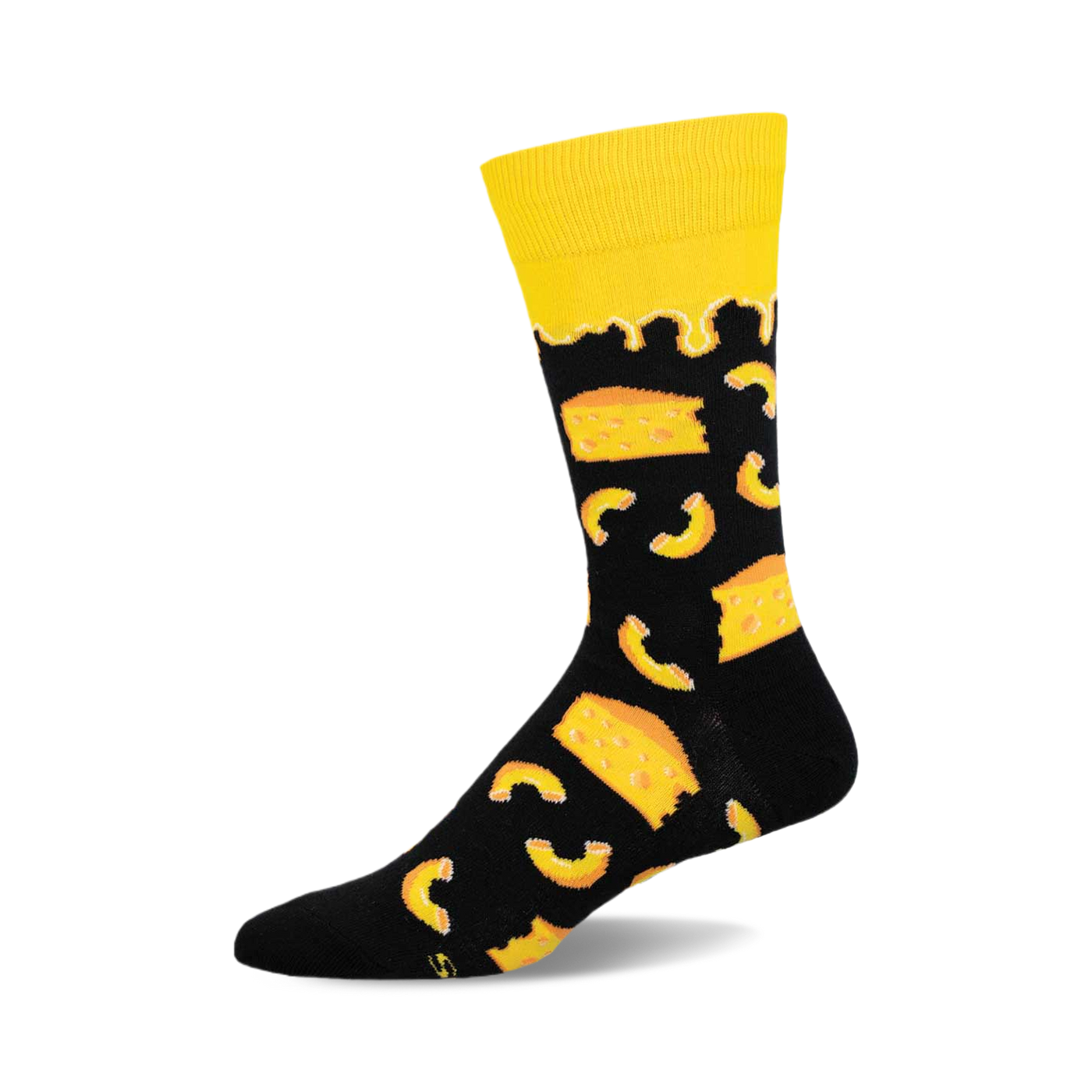 A black crew sock with a yellow cuff and a design of yellow macaroni and cheese pieces.  The sock is shown from the side.