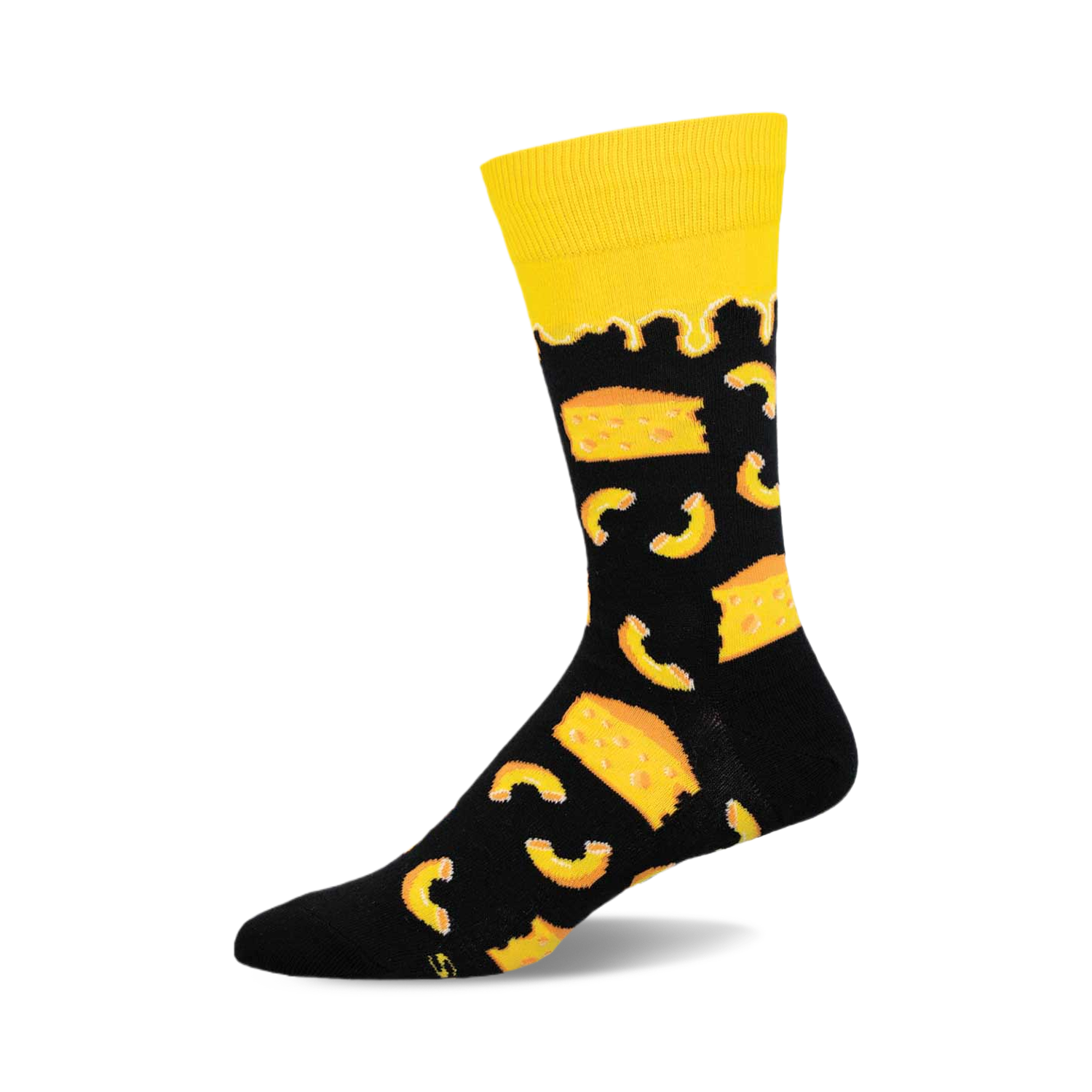 A black crew sock with a yellow cuff and a design of yellow macaroni and cheese pieces.  The sock is shown from the side.