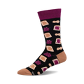 Crew socks in black with a whimsical design of peanut butter and jelly sandwiches, peanuts, and grapes.  Burgundy accents.