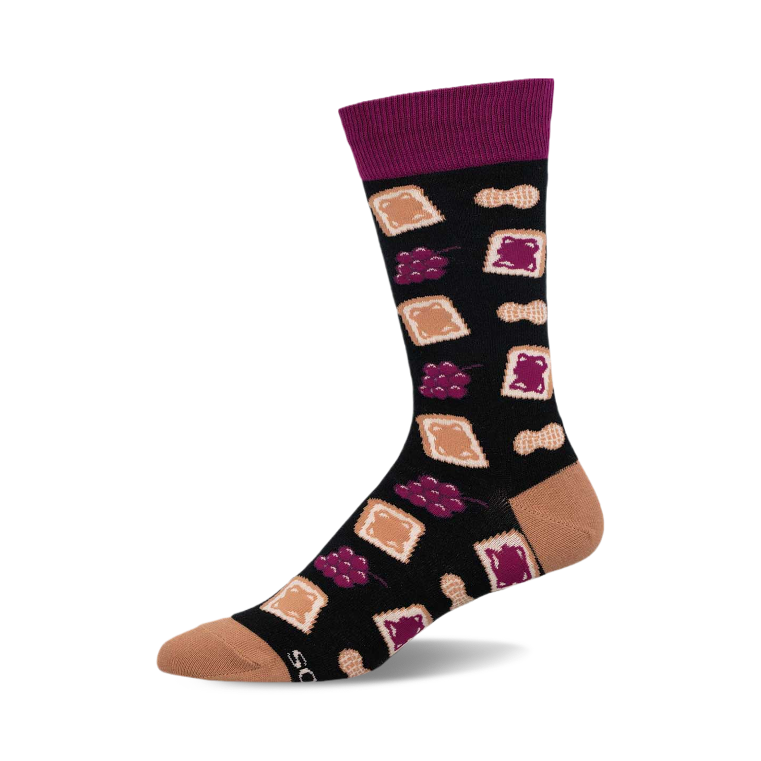 Crew socks in black with a whimsical design of peanut butter and jelly sandwiches, peanuts, and grapes.  Burgundy accents.