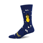 A side view of a navy blue crew sock featuring Mr. Peanut in a top hat and monocle. The sock also has small white cane designs.