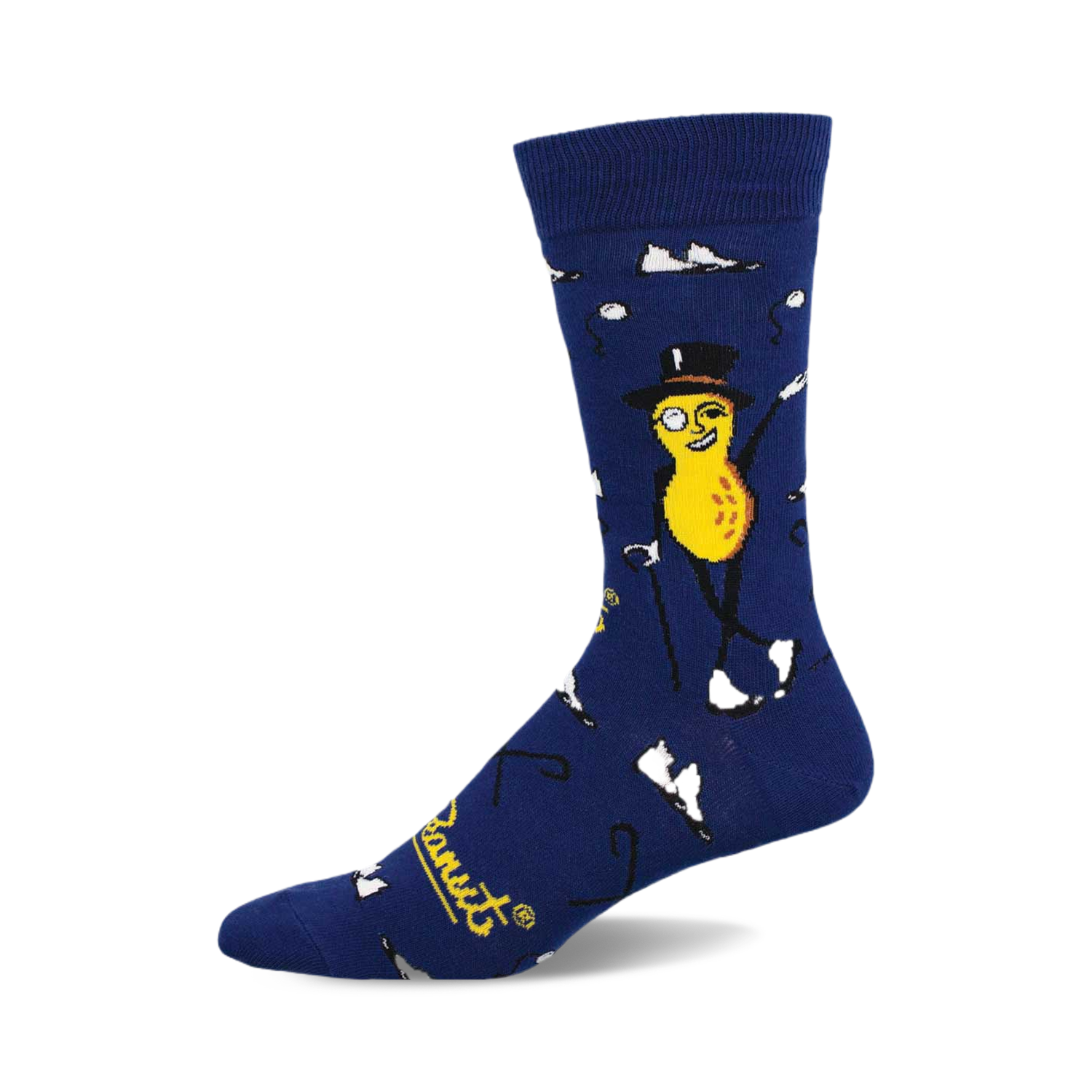 A side view of a navy blue crew sock featuring Mr. Peanut in a top hat and monocle. The sock also has small white cane designs.