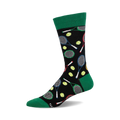 Crew socks with a black background featuring colorful tennis rackets and yellow tennis balls. Green cuffs add a pop of color.