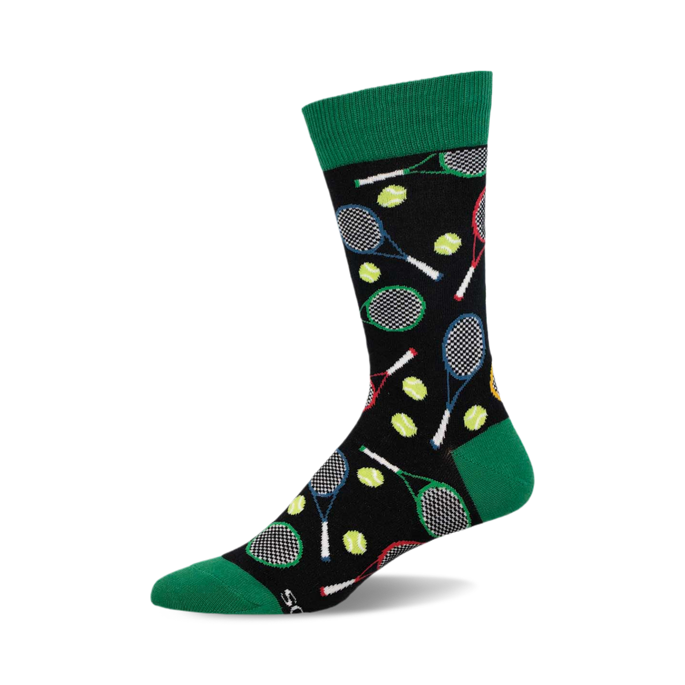 Crew socks with a black background featuring colorful tennis rackets and yellow tennis balls. Green cuffs add a pop of color.