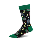 Crew socks with a black background featuring colorful tennis rackets and yellow tennis balls. Green cuffs add a pop of color.