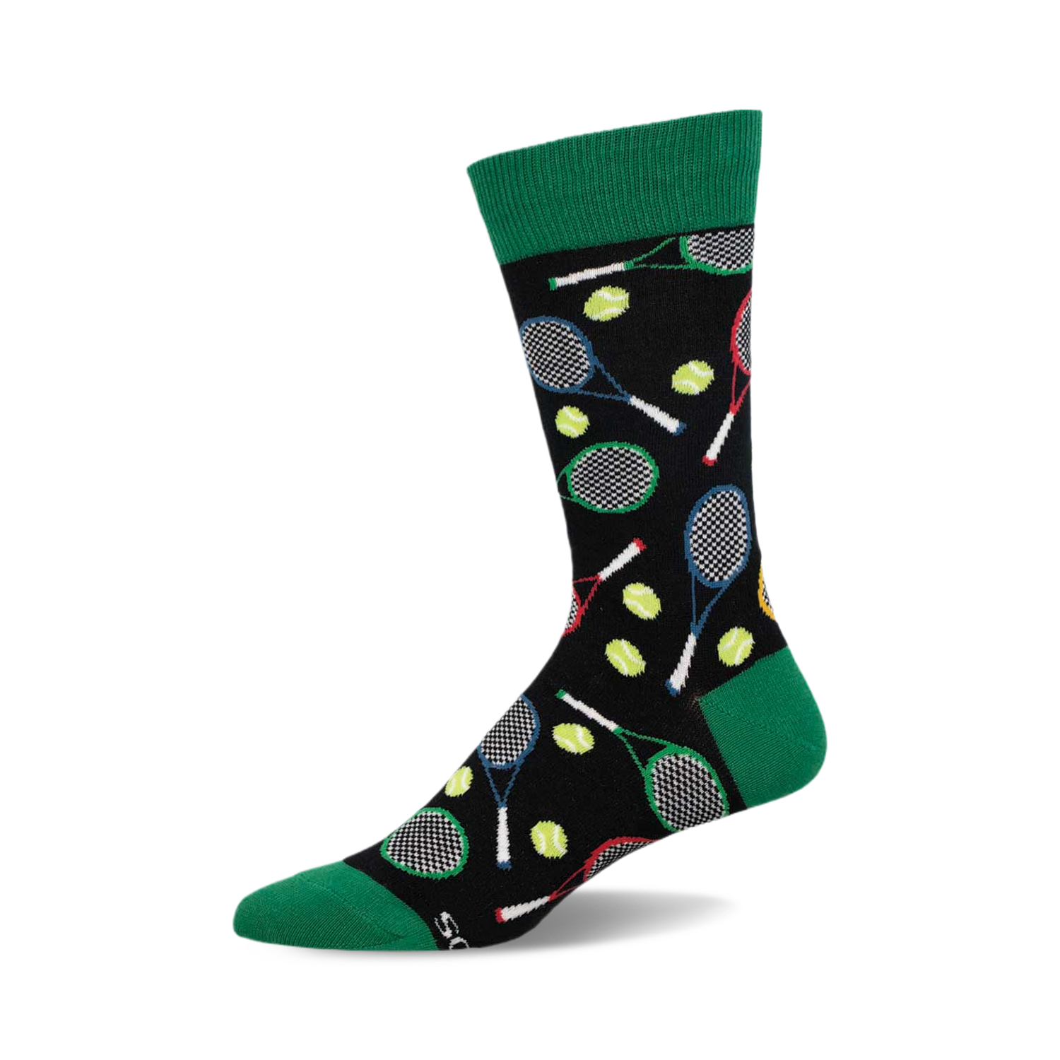 Crew socks with a black background featuring colorful tennis rackets and yellow tennis balls. Green cuffs add a pop of color.